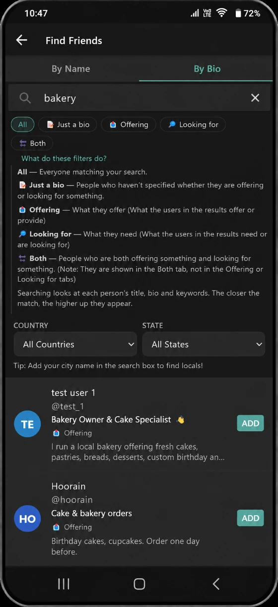 Search people by what they offer or need