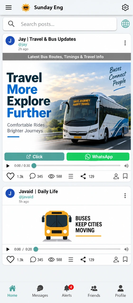 Sunday English home feed showing posts from nearby people